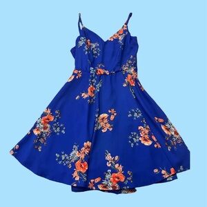 Trixxi Fit & Flare Royal Blue Floral Dress Size Small Open Back Sleeveless